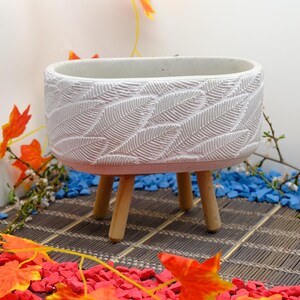 Oval Leaf Pattern Concrete Planter with Tripod Wood Legs, Autumn Leaves Cement Pot, Textured Succulent Bowl, Botanical Housewarming Gift