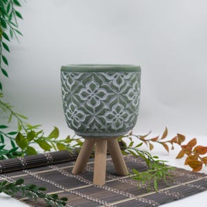 Mandala Planter with Wooden Legs, Moroccan Plant Pot, Floral Embossed Succulent Container, Pastel Boho Desk Decor, Unique Mid Century Vase