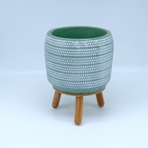 Dimpled Concrete Planter with Wood Stand, Nordic Minimalist Decor Accent, Artisan Succulent Vessel, Luxury Desk Accessory