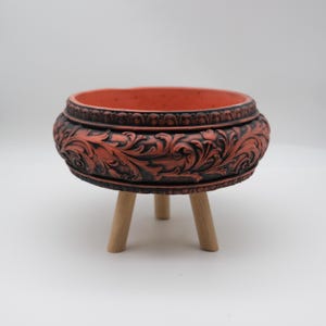 Vintage Embossed Planter Bowl with Wooden Legs, Ornate Floral Concrete Pot