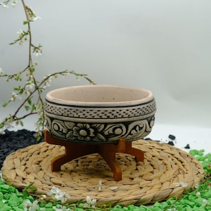 Hand-Carved Floral Cement Planter with Wooden Stand, Boho Succulent Bowl, Wide Cactus Pot