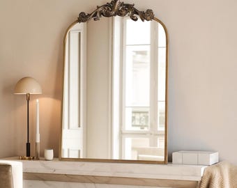 Gold Baroque Arched Mirror: Ornate Brass Frame, 24x36 Bathroom Vanity Wall Mirror