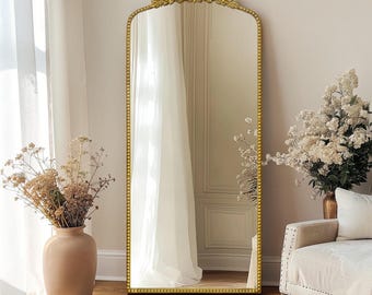 Ornate Gold Metal Frame Full Length Mirror – Arched Floor Standing Mirror