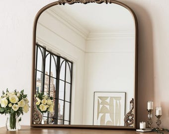 Baroque Arch Wall Mirror 36x30 Gold Ornate Metal Frame Decorative Mirror