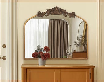 Gold Baroque Arched Mirror: Ornate Brass Frame, 36x30 Wall Mirror