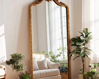 Vintage Arched Full Length Mirror: Ornate Carved Frame Floor Standing Home Decor
