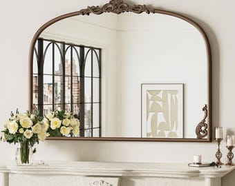 Gold Baroque Arched Mirror: Ornate Brass Frame, 24x36 Bathroom Vanity Wall Mirror