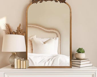 Gold Baroque Arched Mirror: Ornate Brass Frame, 19x31 Bathroom Vanity Mirror