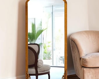 Solid Wood Arched Full Length Mirror: Ornate Carved Frame Floor Standing Dressing Mirror