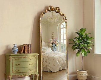 Baroque Arched Gold Floor Mirror with Bow Accent – Ornate Full Length Wall Mirror