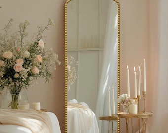 Arched Ornate Gold Full Length Mirror 22x65 – Free Standing Floor Body Mirror