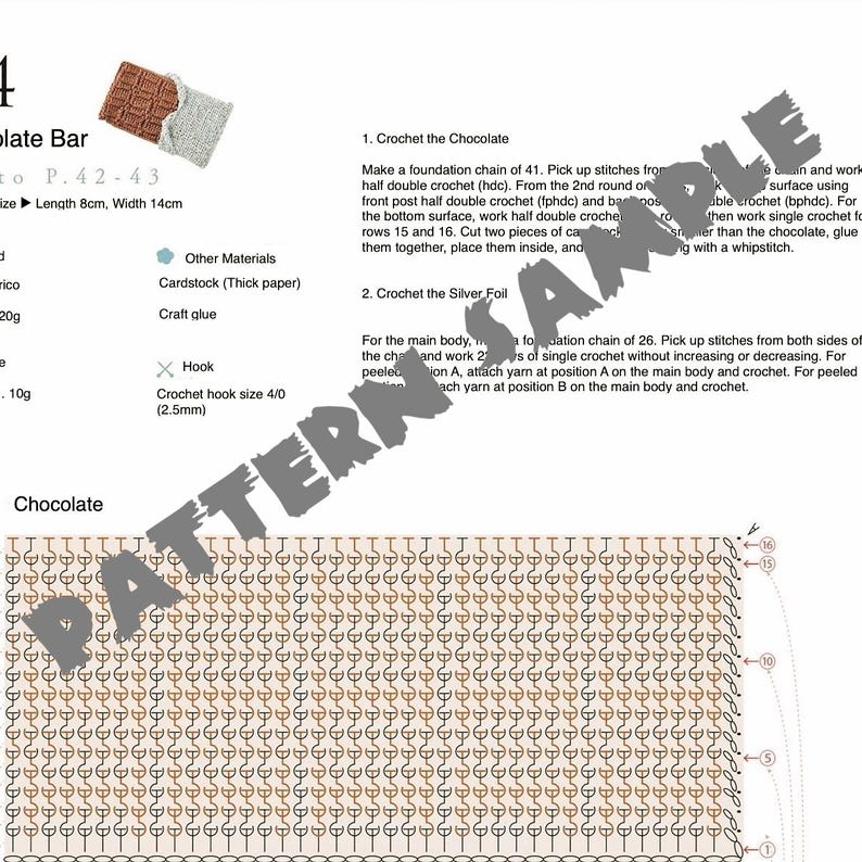 K&ouml;nnte beinhalten: Eine H&auml;kelanleitung f&uuml;r einen Schokoriegel mit Anweisungen und einem Diagramm. Das Muster enth&auml;lt Details f&uuml;r Schokolade und Silberfolie mit den Ma&szlig;en 8 cm L&auml;nge und 14 cm Breite. Enth&auml;lt eine H&auml;kelnadel der Gr&ouml;&szlig;e 4/0 (2,5 mm).