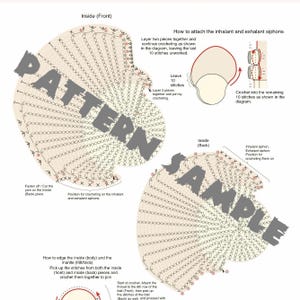 K&ouml;nnte beinhalten: Ein detailliertes H&auml;kelmuster-Diagramm mit Anweisungen und Illustrationen. Das Bild zeigt zwei halbkreisf&ouml;rmige Teile mit der Bezeichnung "Inside (Front)" und "Inside (Back)", mit Text und Diagrammen, die den H&auml;kelprozess erkl&auml;ren. Das Wort "PATTERN" ist deutlich sichtbar.