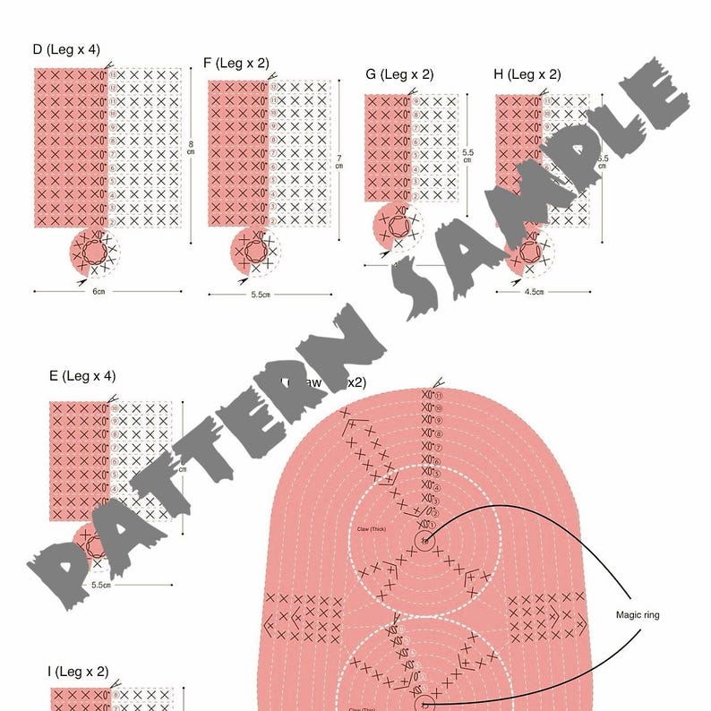 K&ouml;nnte beinhalten: Ein detailliertes H&auml;kelmusterdiagramm mit rosa und wei&szlig;en Elementen. Das Diagramm enth&auml;lt Ma&szlig;e in Zentimetern, mit Abschnitten, die mit 'Leg x 4' und 'Leg x 2' gekennzeichnet sind. Der Text 'PATTERN SAMPLE' ist sichtbar.