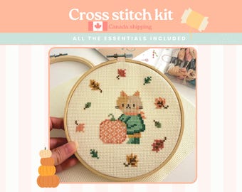 Cat Pumpkin Fall Leaves Cross Stitch Kit | Beginner Embroidery (6 inch hoop)