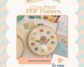 Cat Macarons Cross Stitch Pattern | Whimsical Kitty Embroidery PDF (6 inch hoop)
