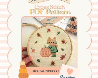 Cat Fall Leaves Pumpkin Cross Stitch Pattern | Whimsical Kitty Embroidery PDF (6 inch hoop)