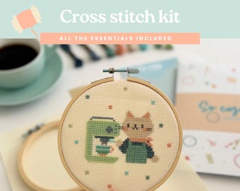 Cat Barista Cross Stitch Kit | Beginner Friendly Kitty Embroidery Kit (5 inch hoop)