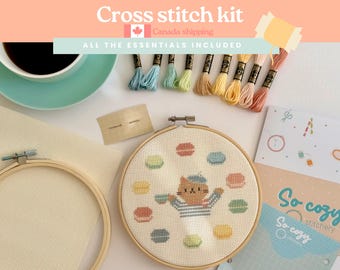 Cat Macarons Cross Stitch Kit | Beginner Friendly French Patisserie Embroidery Kit (6 inch hoop)