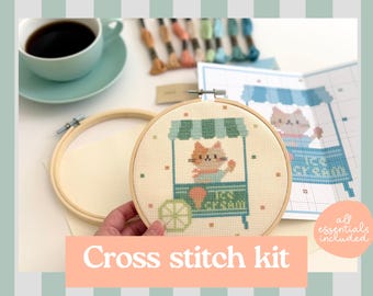 Cat Ice Cream Cross Stitch Kit | Beginner Friendly Summer Embroidery kit (6 inch hoop)