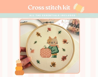Cat Pumpkin Fall Leaves Cross Stitch Kit | Beginner Embroidery (6 inch hoop)