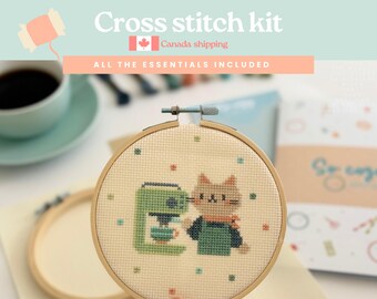Cat Barista Cross Stitch Kit | Beginner Friendly Kitty Embroidery Kit (5 inch hoop)