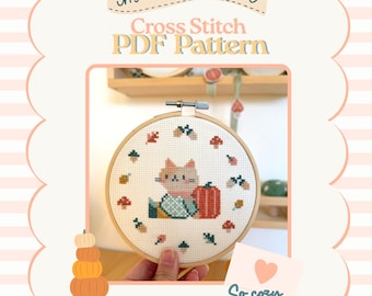 Cat Fall Harvest Cross Stitch Pattern | Pumpkin, Acorns & Mushrooms | PDF Instant Download | Fall Cottagecore