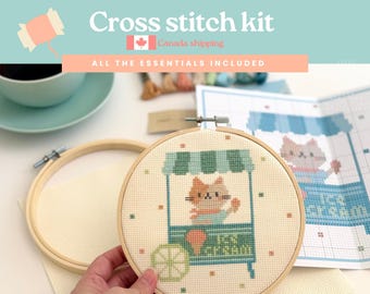 Cat Ice Cream Cross Stitch Kit | Beginner Friendly Summer Embroidery kit (6 inch hoop)