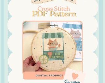 Cat Ice Cream Cross Stitch Pattern | Beginner Friendly Kitty Embroidery PDF (6 inch hoop)