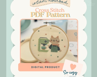 Cat Barista Cross Stitch PDF Pattern | Beginner Friendly Kitty Embroidery PDF (5 inch hoop)