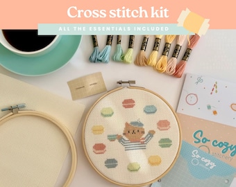 Cat Macarons Cross Stitch Kit | Beginner Friendly French Patisserie Embroidery Kit (6 inch hoop)