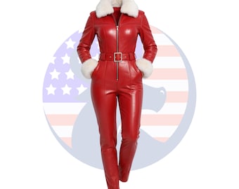 Mono de cuero rojo para mujer - Cuello y puños de piel sintética - Mono de invierno estilo motero con cinturón