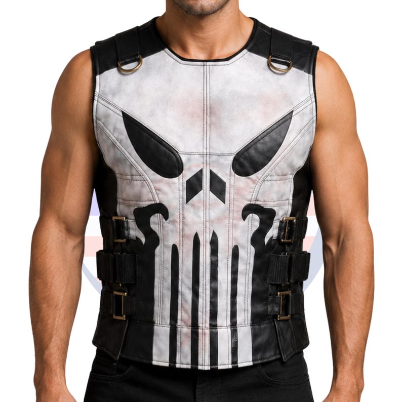 May include: A black and white leather vest featuring a skull design on the front. The vest has a sleeveless design with black straps and buckles. The skull design is white with black accents and vertical lines.
