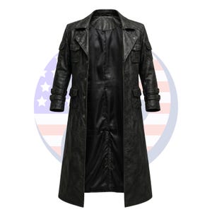 May include: A long, black leather coat with a distressed finish. The coat features multiple pockets, a button-up front, and a notched collar. The coat has a classic trench coat design.