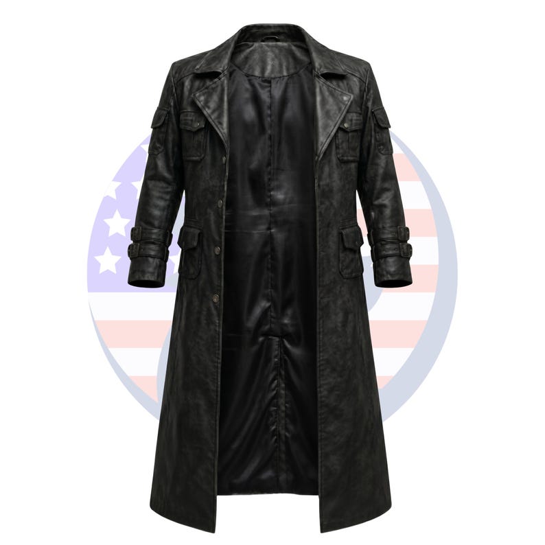May include: A long, black leather coat with a distressed finish. The coat features multiple pockets, a button-up front, and a notched collar. The coat has a classic trench coat design.