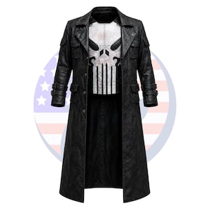 May include: Black leather trench coat with a white skull graphic on the chest. The coat features a long length, multiple pockets, and a double-breasted design. The skull graphic is a prominent feature, adding a bold visual element to the coat.
