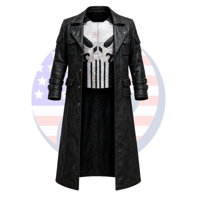 May include: Black leather trench coat with a white skull graphic on the chest. The coat features a long length, multiple pockets, and a double-breasted design. The skull graphic is a prominent feature, adding a bold visual element to the coat.