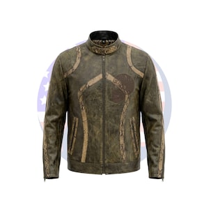 May include: A distressed olive green leather jacket with a skull emblem. The jacket features a zip-up front, a stand-up collar, and decorative tan-colored accents. The jacket has a vintage, worn appearance.