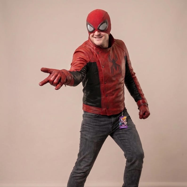 Puede incluir: Chaqueta roja y negra de Spider-Man con guantes y m&aacute;scara a juego. La chaqueta presenta un emblema de ara&ntilde;a negra y detalles en negro. La persona lleva vaqueros grises y un cord&oacute;n.