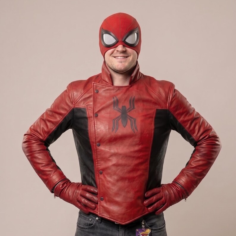 Puede incluir: Chaqueta de cuero roja y negra con un emblema de ara&ntilde;a, usada con guantes a juego y una m&aacute;scara roja con aberturas para los ojos con borde blanco. La chaqueta tiene un dise&ntilde;o de botones asim&eacute;trico.