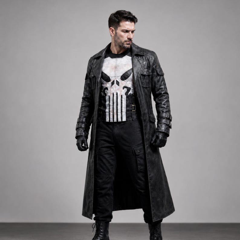 May include: A black leather trench coat with a distressed finish, worn over a white and black graphic t-shirt. The t-shirt features a skull design. The outfit includes black pants, boots, and gloves. The coat measures approximately 55 inches in length.