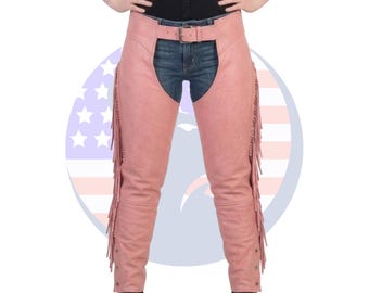 Chaps da donna in pelle rosa - Pantaloni da motociclista western con frange - Leggings in pelle bovina rosa