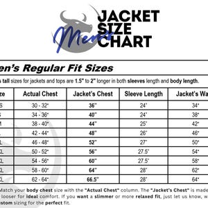 May include: A jacket size chart with the text "JACKET SIZE CHART" at the top. The chart lists sizes XS to 5XL, with measurements for actual chest, jacket chest, sleeve length, and jacket waist in inches. The chart is for regular fit sizes.