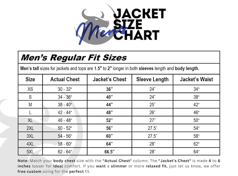 May include: A jacket size chart with the text "JACKET SIZE CHART" at the top. The chart lists sizes XS to 5XL, with measurements for actual chest, jacket chest, sleeve length, and jacket waist in inches. The chart is for regular fit sizes.