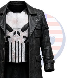 May include: Black leather coat with a white skull chest design. The coat features a notched collar, multiple pockets, and a double-buckle closure on the sleeves. The coat is a long, trench coat style.