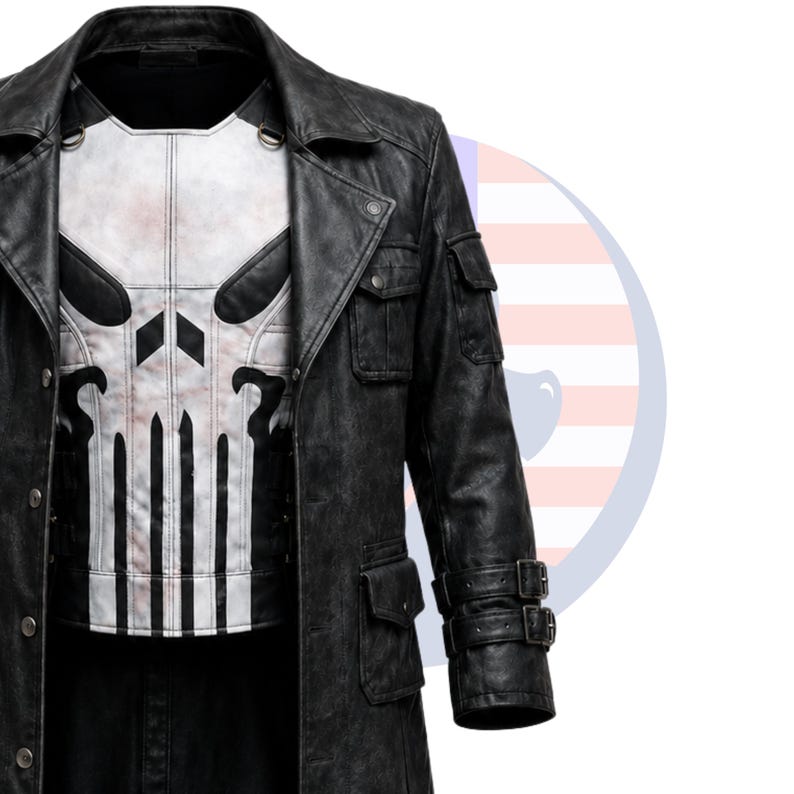 May include: Black leather coat with a white skull chest design. The coat features a notched collar, multiple pockets, and a double-buckle closure on the sleeves. The coat is a long, trench coat style.