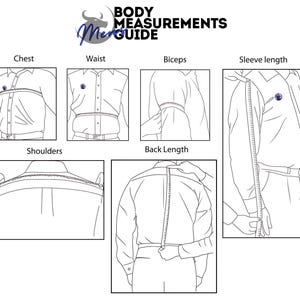 May include: An illustrated guide titled "Body Measurements Guide" showing how to measure chest, waist, biceps, sleeve length, shoulders, and back length. The guide uses a person wearing a button-down shirt to demonstrate the measurement points.