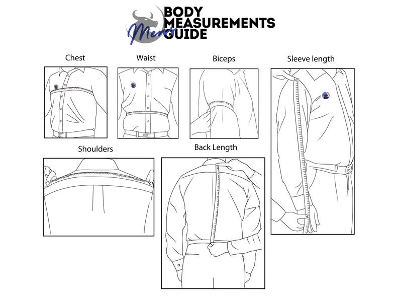 May include: An illustrated guide titled "Body Measurements Guide" showing how to measure chest, waist, biceps, sleeve length, shoulders, and back length. The guide uses a person wearing a button-down shirt to demonstrate the measurement points.