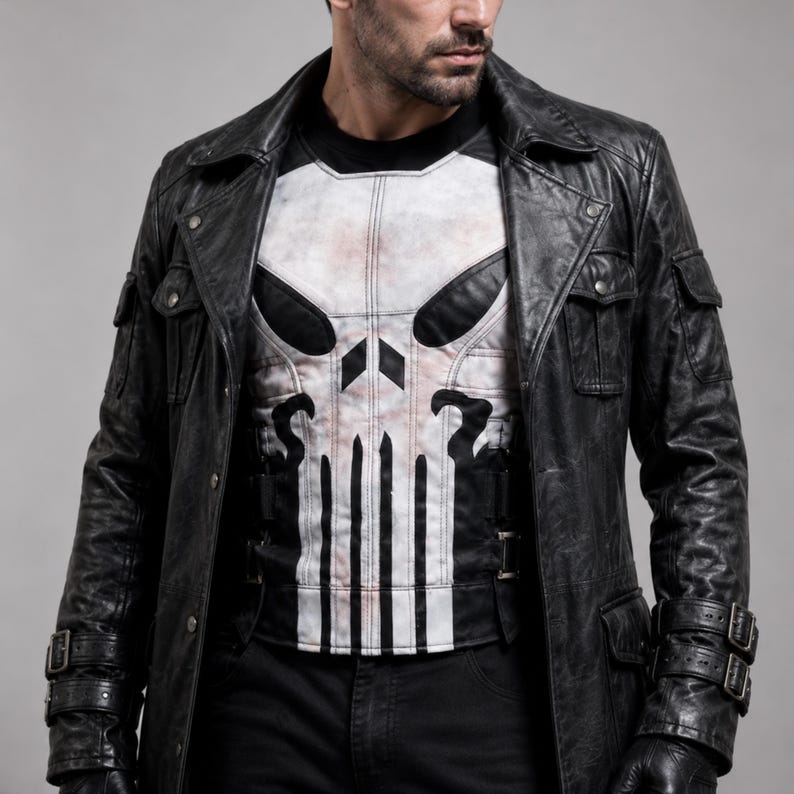 May include: Black leather jacket with a long design, featuring multiple pockets and buckle details. Underneath, a white and black graphic tee displays a skull design. The jacket is worn over a black shirt and black pants.