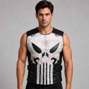 May include: A black and white vest featuring a skull design. The vest has black straps and buckles, and a white chest area with a large skull graphic. The vest is sleeveless and appears to be made of leather or a similar material.